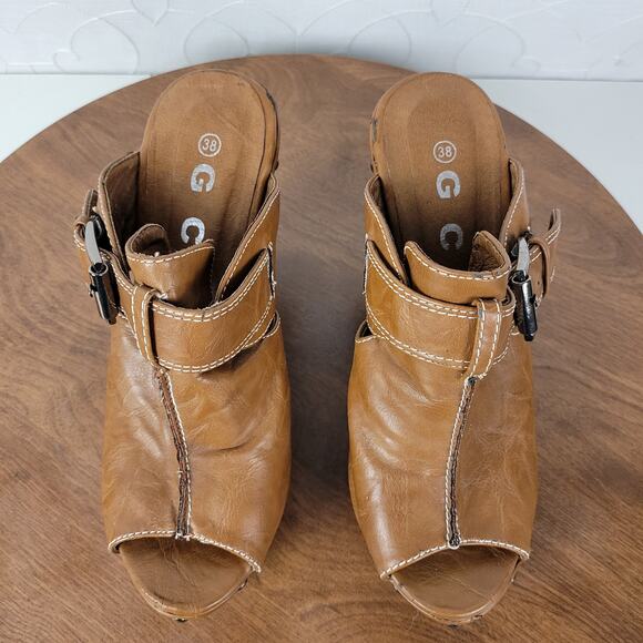 GC Womens Veronica Sandals 38 Brown Leather Peep Toe Buckle Wooden Chunky Wedge - Picture 10 of 13